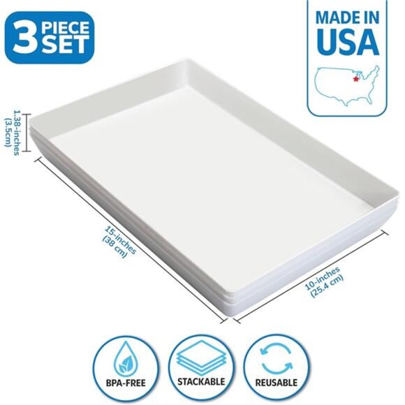 US Acrylic Avant White Plastic Serving Trays (Set of 3) 15” x 10” Large Reusable - Picture 2 of 6